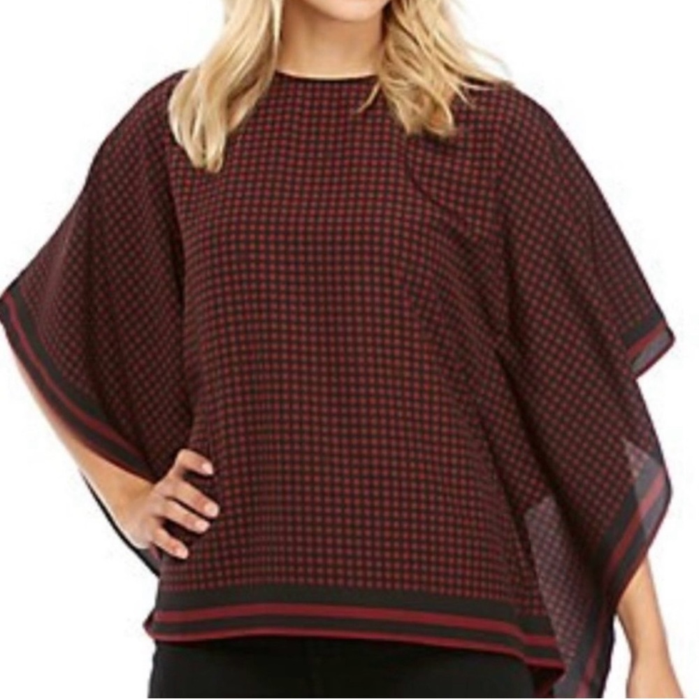 Michael Kors Handkerchief Poncho Blouse – Size 1X – Black & Maroon Dot Print
